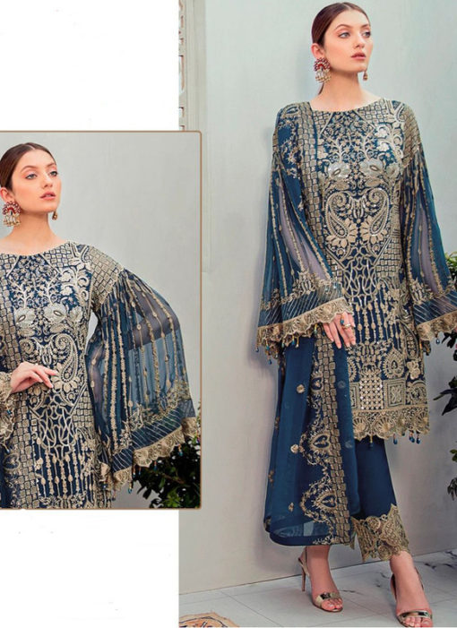 Designer Embroidered Work Party Wear Blue Goergette Pakistani Suit