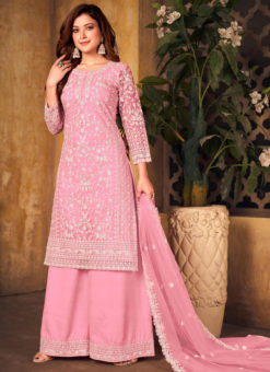 Pink Designer Net Embroidered Work Party Wear Salwar Kameez