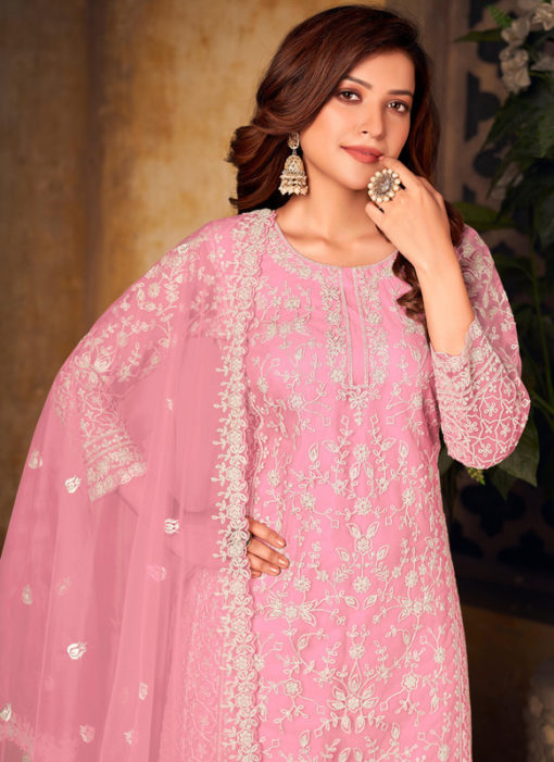Pink Designer Net Embroidered Work Party Wear Salwar Kameez