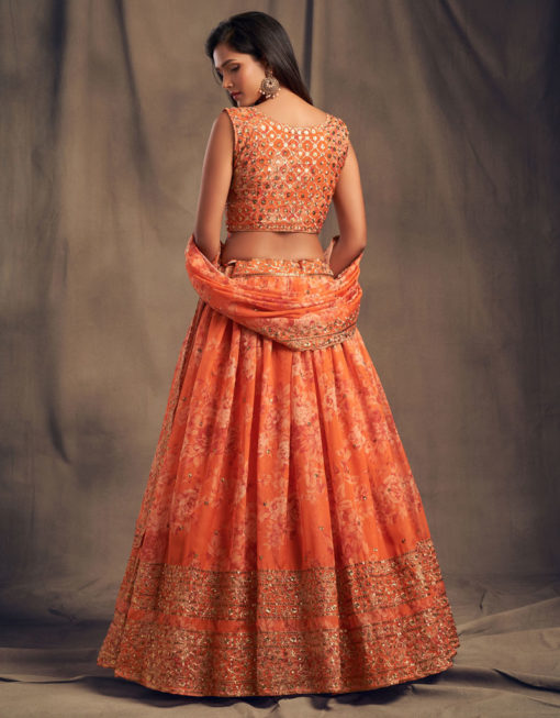 Organza Silk Engagement Lehenga in Orange with Sequence work