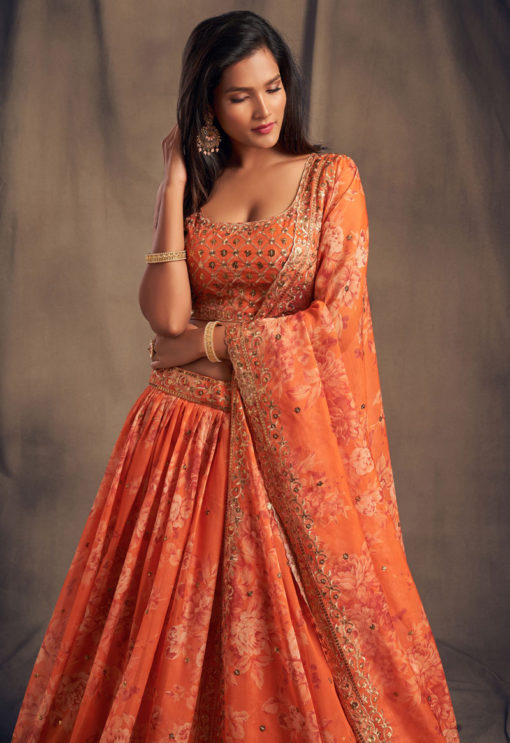 Organza Silk Engagement Lehenga in Orange with Sequence work