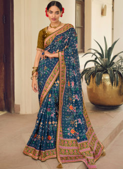 Royal Blue And Mehndi Chinon  Embroidery Work Traditional Saree