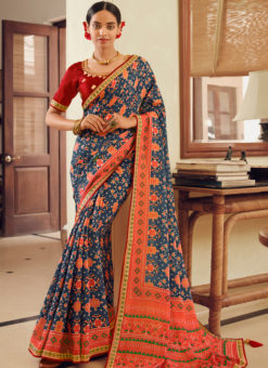 Royal Blue And Peach Chinon  Embroidery Work Traditional Saree