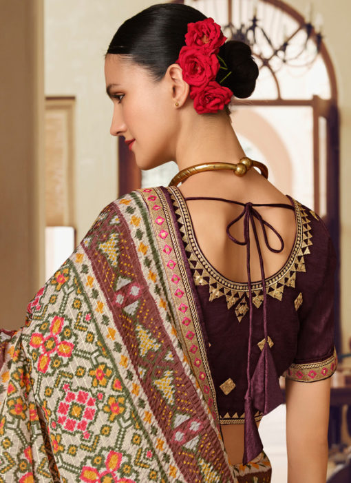 Cream And Multi Color Chinon  Embroidery Work Traditional Saree