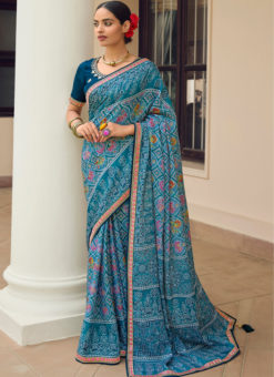 Sky Blue Chinon  Embroidery Work Traditional Saree