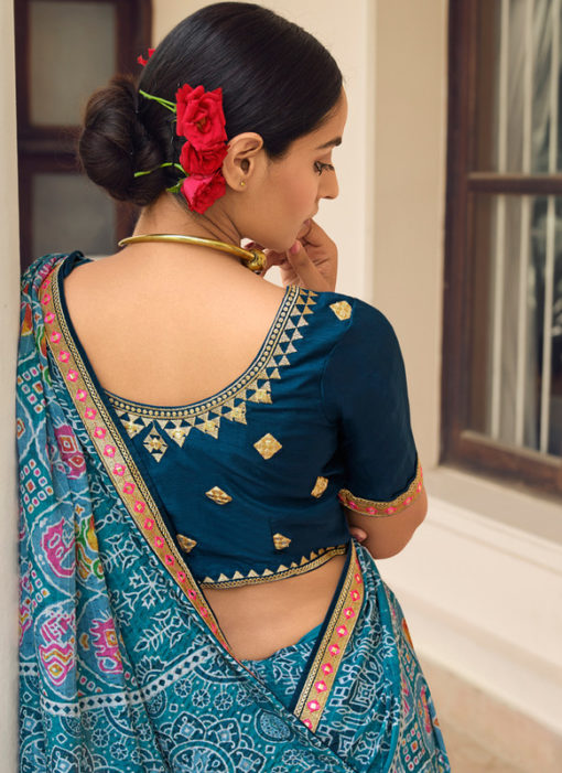 Sky Blue Chinon  Embroidery Work Traditional Saree