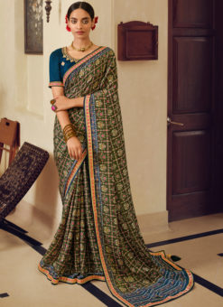 Olive Green And Blue Chinon  Embroidery Work Traditional Saree