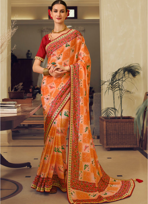 Light Red Chinon  Embroidery Work Traditional Saree