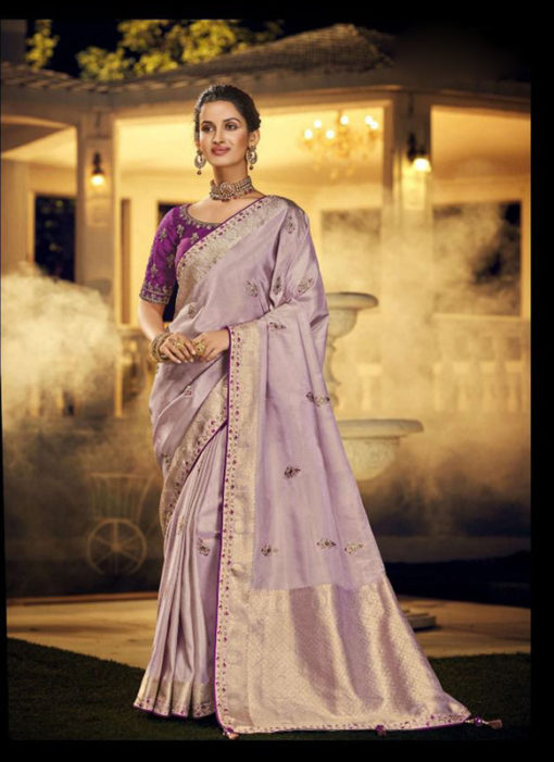 Lavender Silk Zari Weaving Designer Party Wear Saree