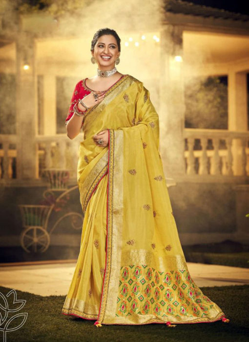 Yellow Silk Designer Wedding Zari Weaving Saree