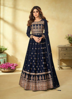 Elegant Navy Blue Georgette Designer Embroidered Work Anarkali Suit
