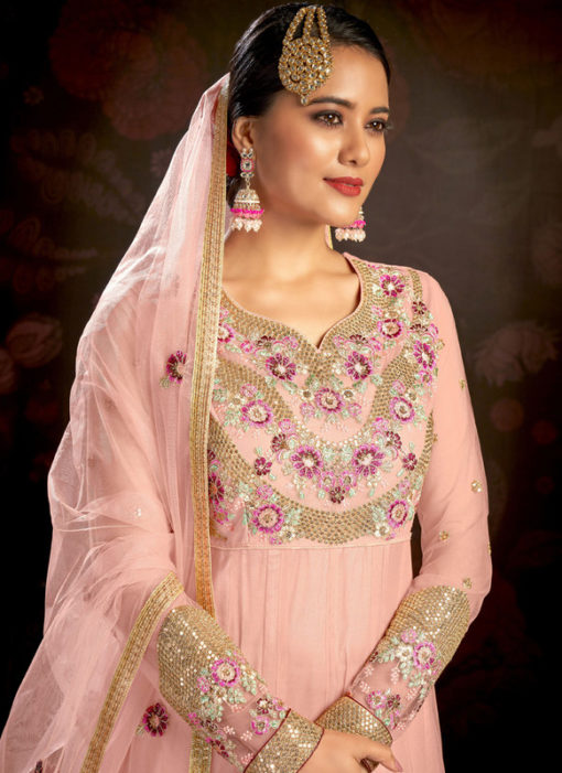 Elegant Pink Embroidered Work Designer Butterfly Net Anarkali Suit