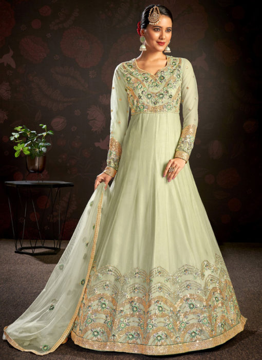Classic Green Butterfly Net Embroidered Work Designer Anarkali Suit