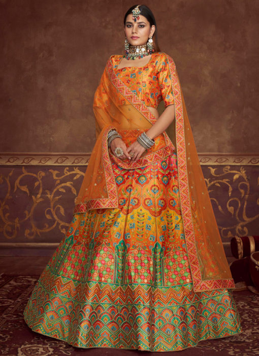 Orange Art Silk Printed And Embroidered Work Designer Lehenga Choli