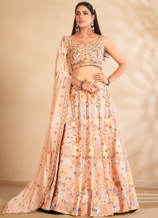 Peach Georgette Embroidered And Printed Designer Party Wear Lehenga Choli