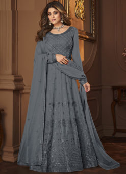 Beautiful Grey Designer Georgette Embroidered Work Anarkali Salwar Suit