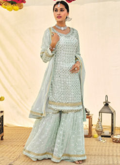 Sky Blue Faux Georgette Designer Embroidered Work Pakistani Suit