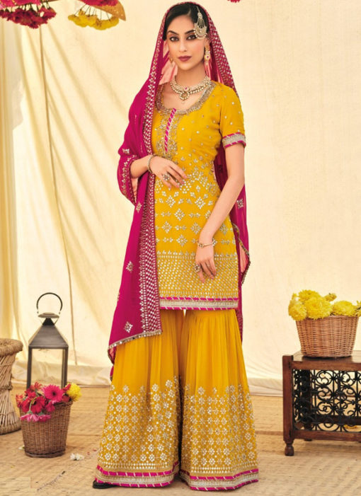 Yellow Faux Georgette Designer Embroidered Work Pakistani Suit