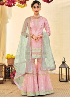 Baby Pink Faux Georgette Designer Embroidered Work Pakistani Suit