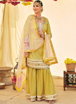 Light Yellow Georgette Designer Embroidered Work Pakistani Suit