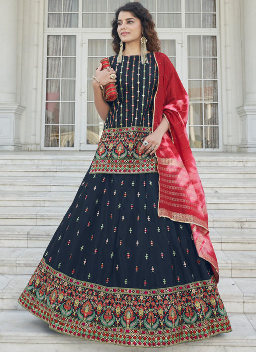 Navy Blue Chiffon Embroidered And Sequence Work Designer Ghagra Choli