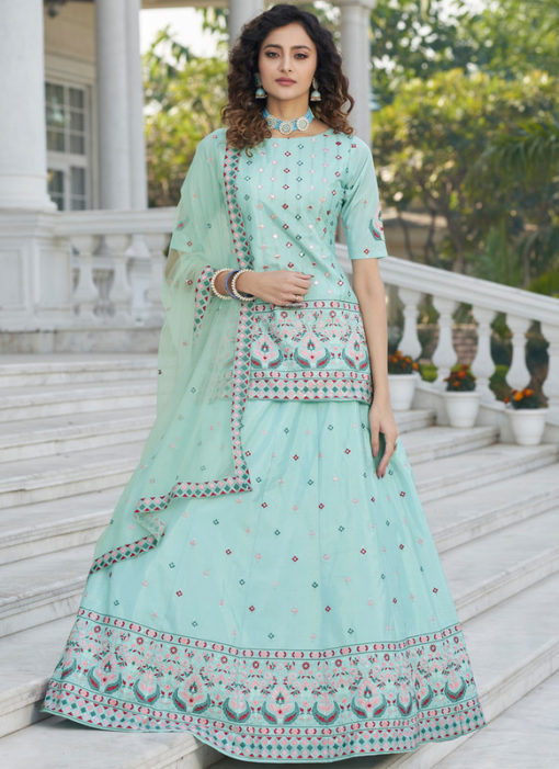 Sky Blue Chiffon Embroidered And Sequence Work Designer Ghagra Choli