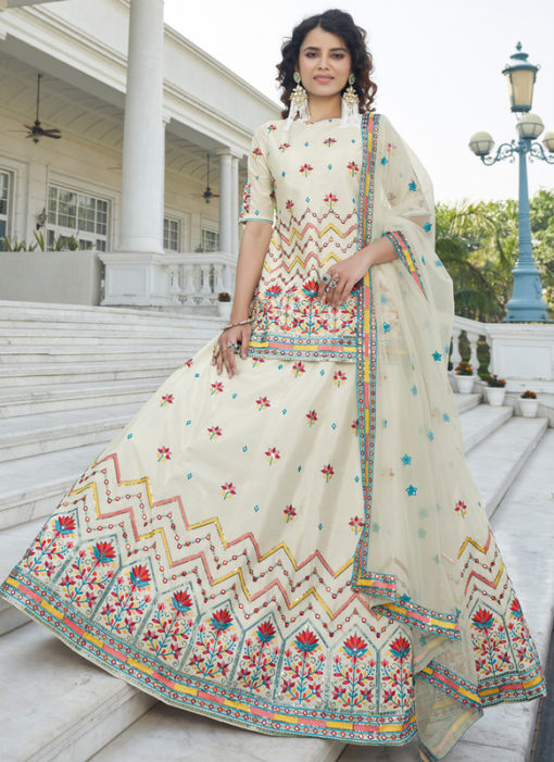 Off White Chiffon Embroidered And Sequence Work Designer Ghagra Choli
