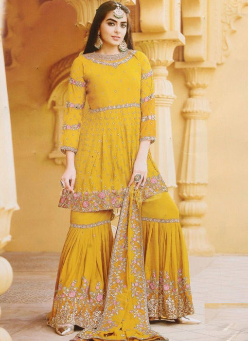 Yellow Georgette Embroidered And Stone Work Designer Pakistani Suit