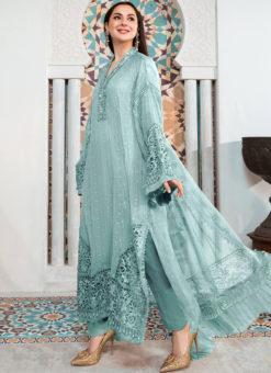 Excellent Sky Blue Georgette Embroidered Work Designer Pakistani Suit