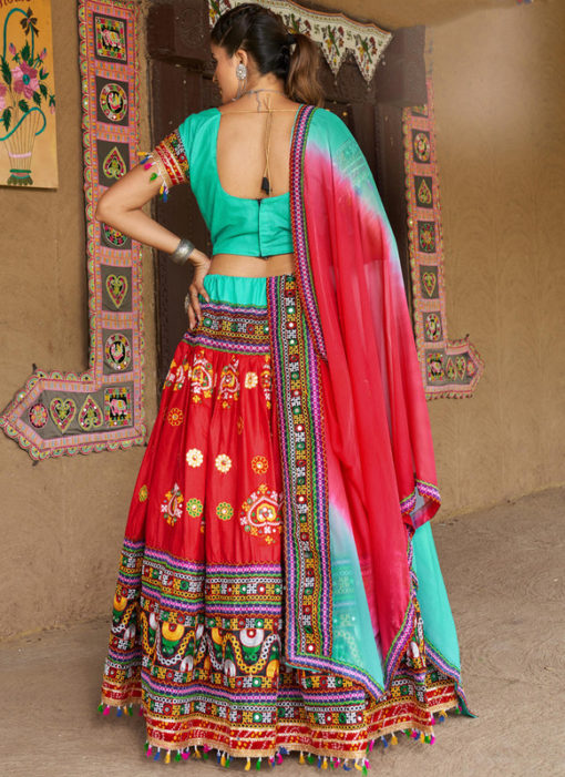 Elegant Turquoise Banglori And Cotton Handwork Navratri Lehenga Choli