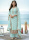 Wonderful Auqa Blue Embroidered Work Designer Chinon Semi Palazzo Salwar Suit