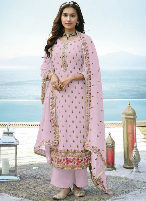 Attractive Pink Chinon Designer Embroidered Work Semi Palazzo Salwar Suit