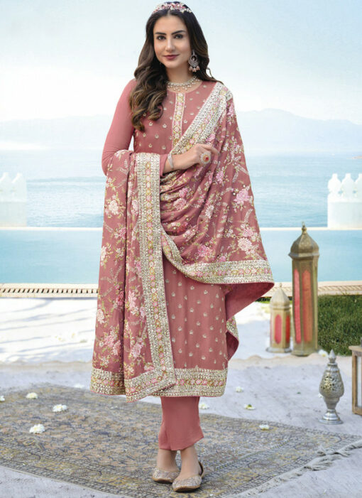Graceful Pink Chinon Designer Embroidered Work Party Wear Pant Style Salwar Suit