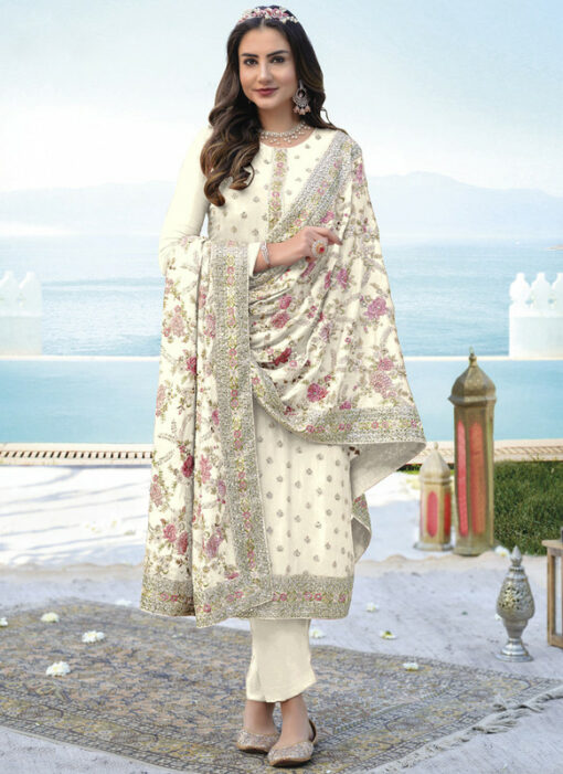 Amazing White Chinon Embroidered Work Designer Pant Style Salwar Suit
