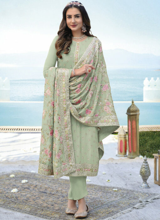 Lovely Green Embroidred Work Chinon Pant Style Designer Salwar Suit