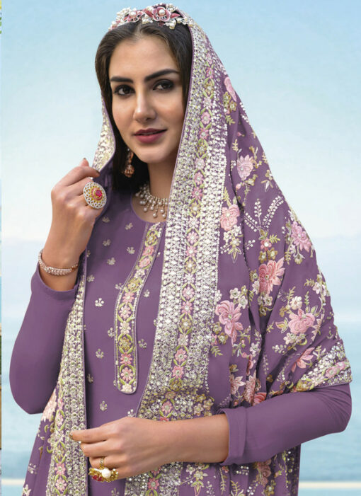 Beautiful Purple Designer Embroidered Work Chinon Pant Style Salwar Suit