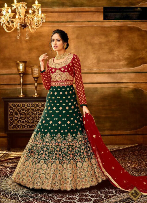 Red And Green Georgette Designer Embroidered Work Wedding Anarkali Suit