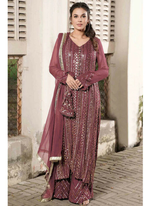 Brown Faux Georgette Embroidered Work Designer Palazzo Suit