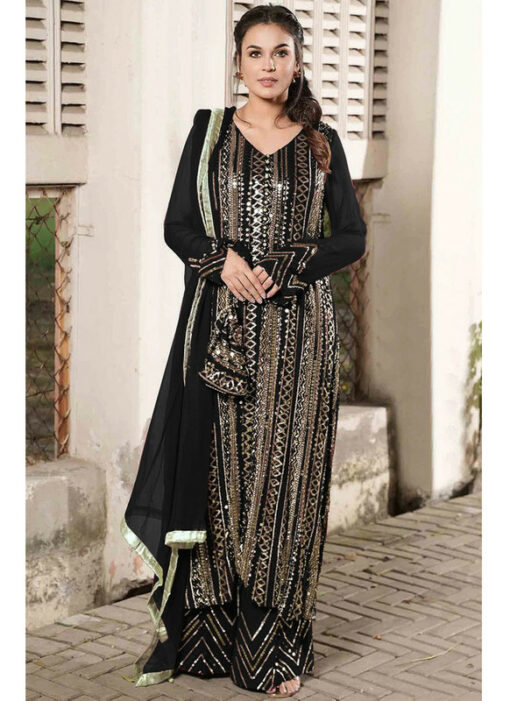 Black Faux Georgette Party Wear Embroidered Work Designer Palazzo Suit