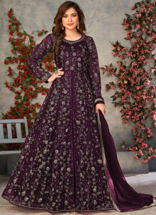 Purple Net Party Wear Glitter Thread Work Designer Anarkali Suit
