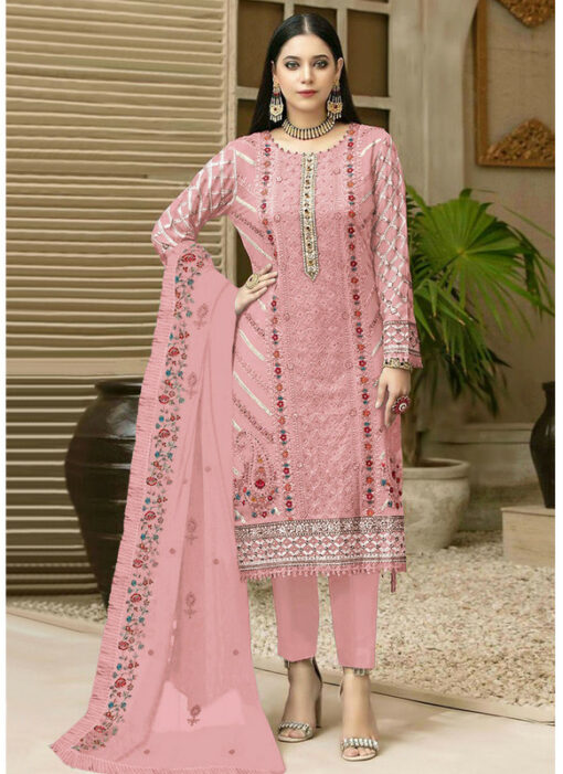Pink Faux Georgette Designer Embroidered Work Pant Style Suit