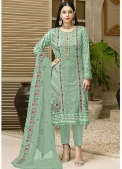 Sky Blue Faux Georgette Embroidered Work Designer Pant Style Suit