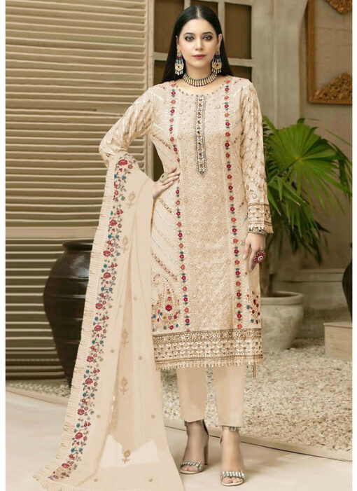 Peach Faux Georgette Embroidered Work Designer Pant Style Suit