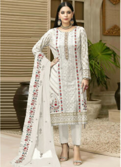 White Faux Georgette Designer Embroidered Work Pant Style Suit