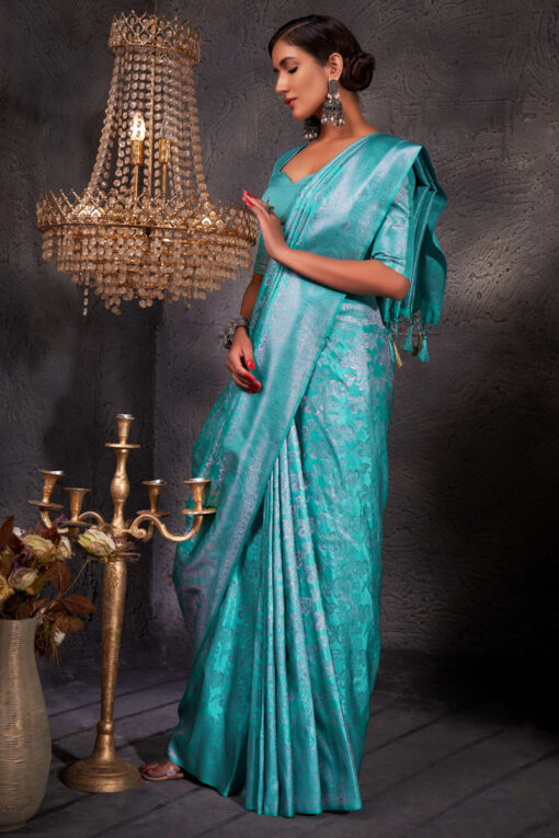 Dazzling Colored Zari Weaving Work Art Silk Cyan Color Saree