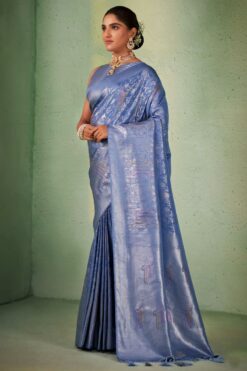 Kanjivaram Silk Blue Color Riveting Saree