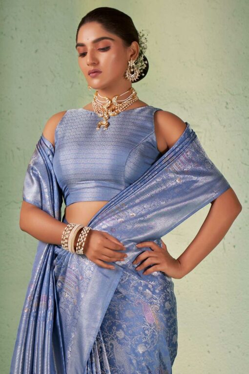 Kanjivaram Silk Blue Color Riveting Saree