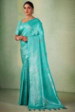 Kanjivaram Silk Cyan Color Patterned Saree