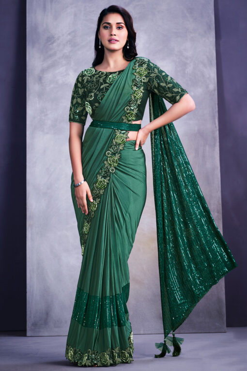 Stylish Border Work On Dark Green Color Saree In Lycra Fabric