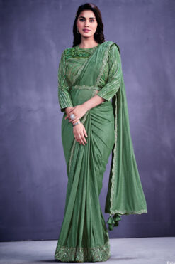Creative Border Work On Net Fabric Saree In Green Color